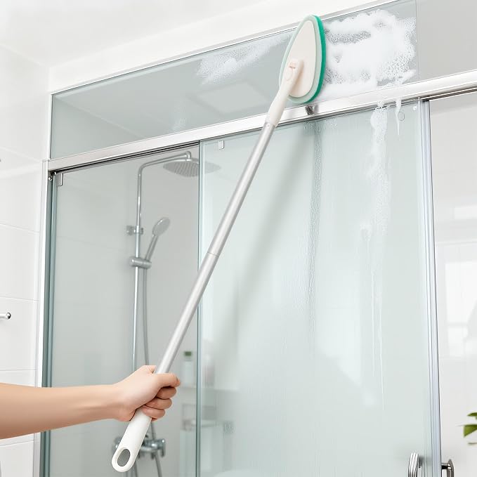 Qaestfy 4-in-1 Tub and Tile Shower Scrubber, 51'' Bathtub Cleaning Brush with Long Handle, Soft & Stiff Bristles Bathroom Scrub Brush, Non-Scratch Shower Cleaner Brush for Cleaning