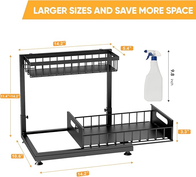 Saydear L-Shaped Under Sink Organizer, 2-Tier Pull-out Cabinet Rack 1-Pack | Black Height-Adjustable Steel Rack, Sliding Grid Drawers with PP Liners, Holds 100 Lbs, Suction Base, Ideal Kitchen Storage