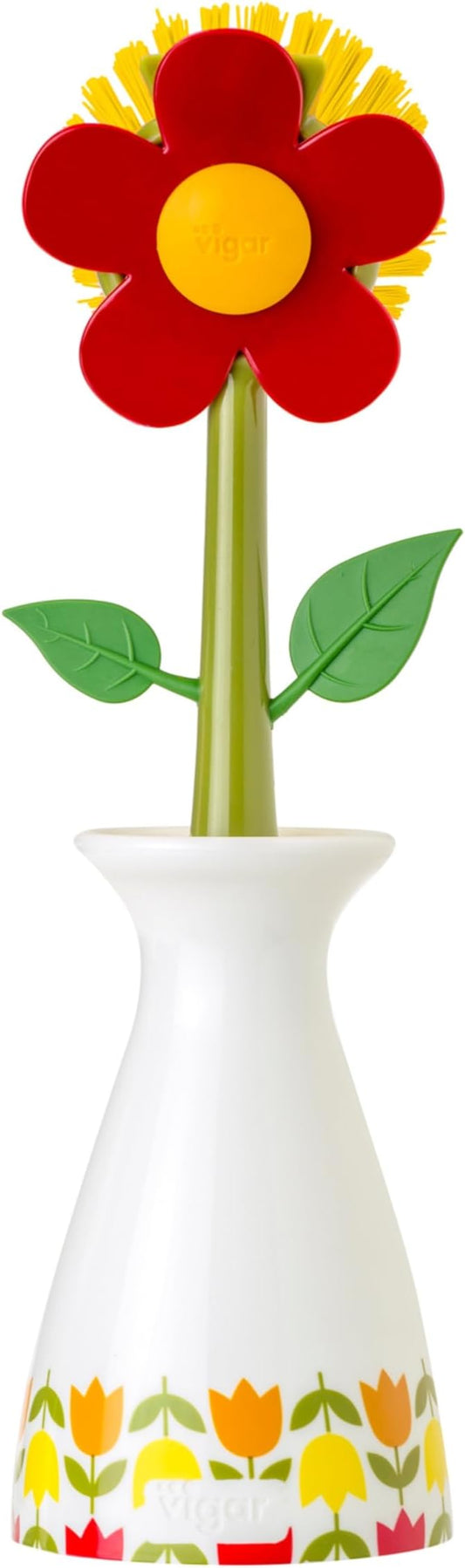 Vigar Flower Power Dish Brush - Flower-Shaped, Dish Brush with Handle, Dish Scrubber with Stand, Scrub Brush for Dishes, Dishwashing Brush, Kitchen Scrub Brush, Kitchen Essentials - White, Red