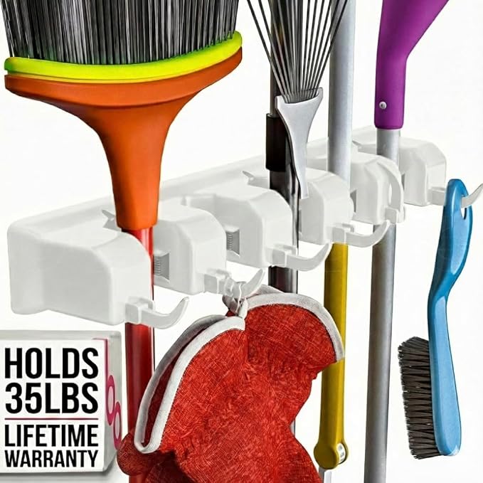 Broom Holder Wall Mount, Mop and Broom Organizer – Wall Mounted Broom Rack & Mop Rack, Rack for Brooms and Mops | Broom Hanger Wall Mount with 5 Slots & 6 Hooks, Kitchen Garage Laundry Garden (White)