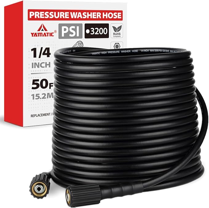 YAMATIC Pressure Washer Hose 50FT x 1/4", 3200 PSI Kink Resistant Power Washer Replacement Hose, M22-14mm Female Brass Fittings for Ryobi Troy-Bilt Greenworks Craftsman