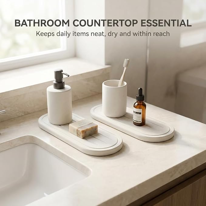 Razborci 2PCS Water Absorbing Stone Drying Tray Mat for Bathroom Sink & Kitchen Counter Faucet Organizer Decor, Quick Dry Dish Soap Dispenser Sponge Holder, Vanity Sink Caddy Coaster,White -10"*3.8"