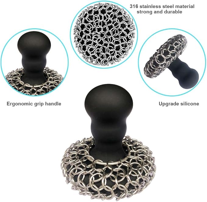 316 Upgraded Chainmail Scrubber with Silicone Handle Cast Iron Cleaner for Cast Iron Grill Pan Skillet Wok Bakeware Ergonomic to Hold Easy to Use Dishwasher Safe, Scrubber + Scraper + Towel (Black)