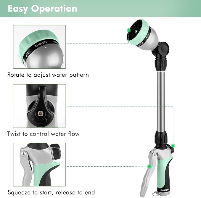 RESTMO Heavy Duty Metal Hose Wand, Watering Wand for Garden Hose | 180° Swivel Ratcheting Head, 16'' Hose Sprayer, 7 Spray Patterns, Flow Control, Ideal for Hanging Baskets & Shrubs, Cyan