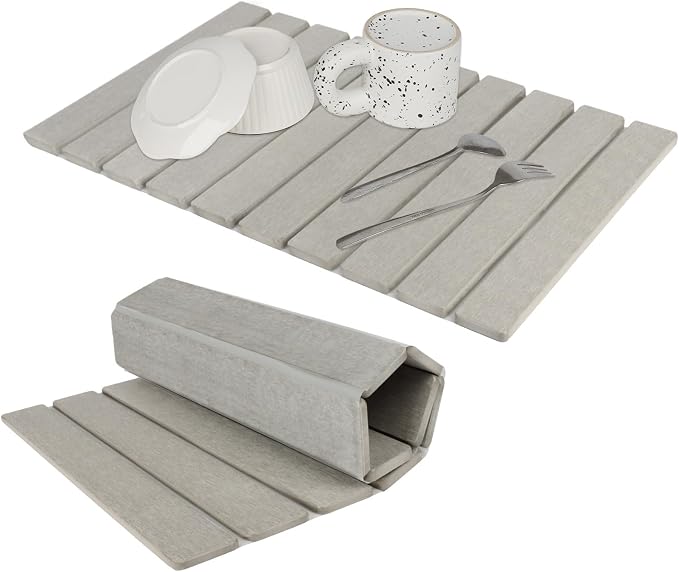 Large Stone Dish Drying Mat for Kitchen Counter, Eco-friendly, Instant Drying Pad,Diatomaceous Earth Water Absorbing Mat, Foldable and Super Absorbent Dish Drying Stone Mat, 24"×16", Warm Gray