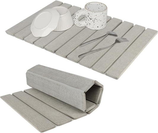 Large Stone Dish Drying Mat for Kitchen Counter, Eco-friendly, Instant Drying Pad,Diatomaceous Earth Water Absorbing Mat, Foldable and Super Absorbent Dish Drying Stone Mat, 24"×16", Warm Gray