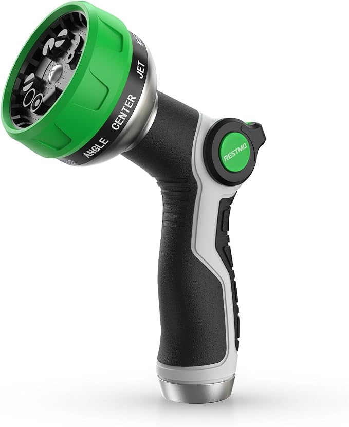 RESTMO 10-in-1 Water Hose Nozzle, Garden Hose Sprayer for Outdoor | 10 Spray Patterns, Lightweight, Thumb Control for Flow Adjustment, Ideal for Watering Plants & Lawns, Cars & Pets, Green