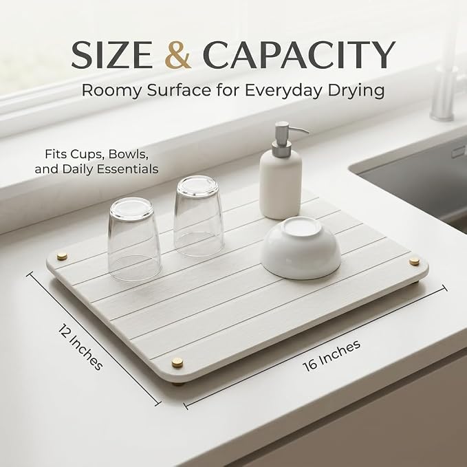 Razborci Stone Dish Drying Mat for Kitchen Counter, Water Absorbing Bathroom Tray Sink Organizer, Diatomaceous Earth Countertop Dish Rack Riser Sponge Holder Soap Dish, Gold White, 16" x 12"