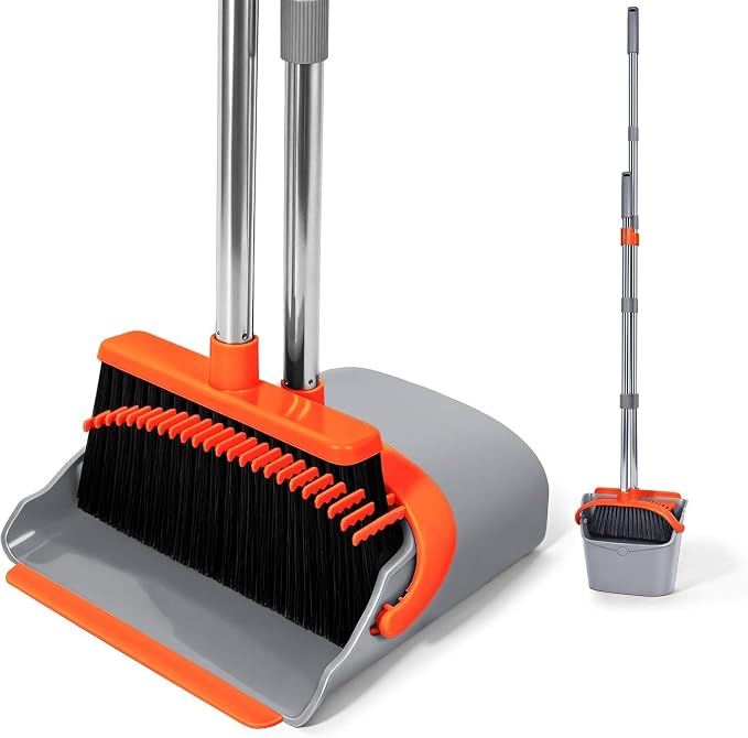YZO Broom with Dustpan Combo Set, 56.1-Inch Long Handle Standing Design, Dustpan Front Rubber Tight Seal, Broom with 5-Layer Bristles, Suitable for Indoor Outdoor(Gray&Orange)