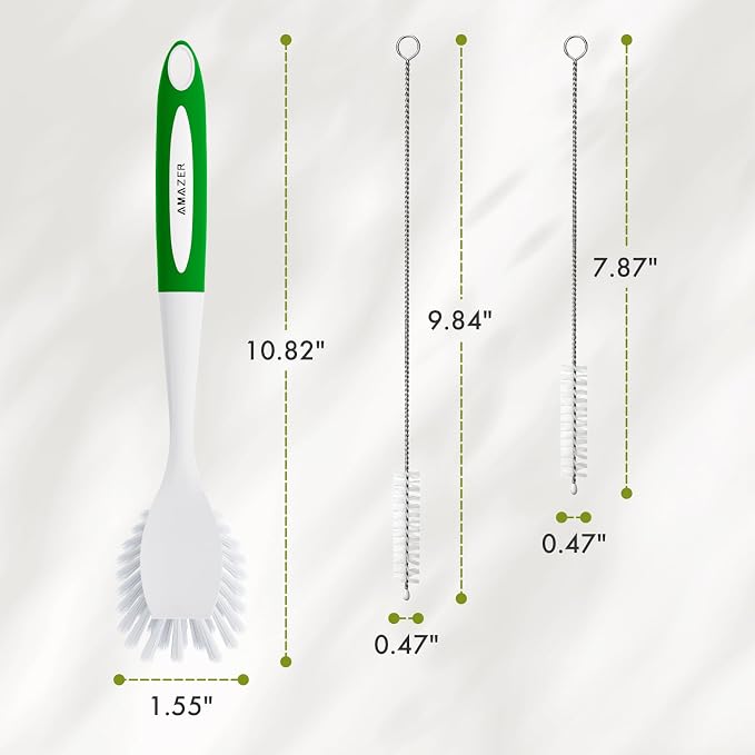 Amazer 4 Pack Dish Brush with Handle, 2 Kitchen Scrub Brushes for Cleaning, 2 Straw Cleaner Brushes for Water Bottle, Dish Scrubber with Stiff Bristles for Sink