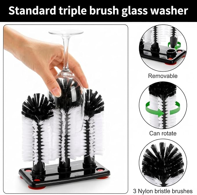Yesland Water Bottle Cleaning Brush with Suction Base, 3 Head Removable Nylon Bristle Glass Cup Washer Brush Cleaner for Long Leg Cup, Beer Cup, Red Wine Glass, Bar, Kitchen, Sink, Home Tools