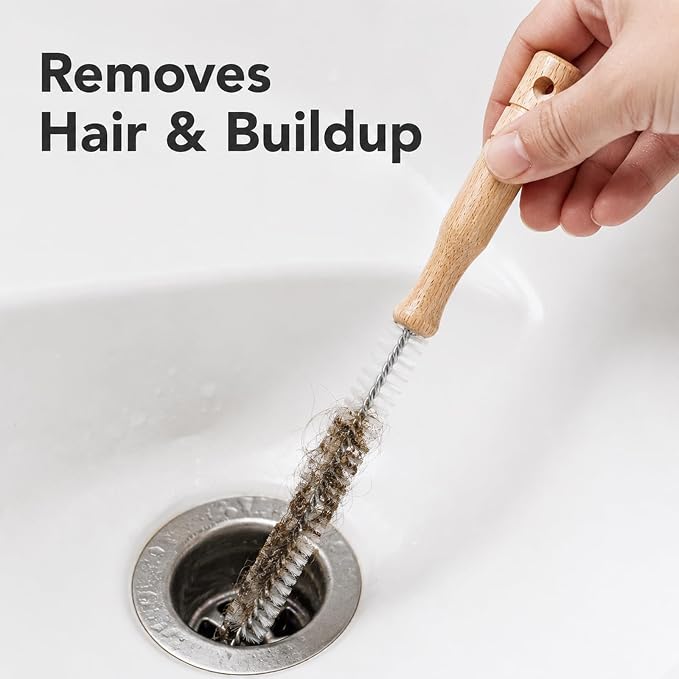 2 Pack Drain Cleaning Brush, 17 Inch Flexible Drain Cleaner Tool with Wooden Handle, Sink Brush with Nylon Bristles for Hair Clogs, Shower, Bathroom Tub, Kitchen Sink, Overflow Hole