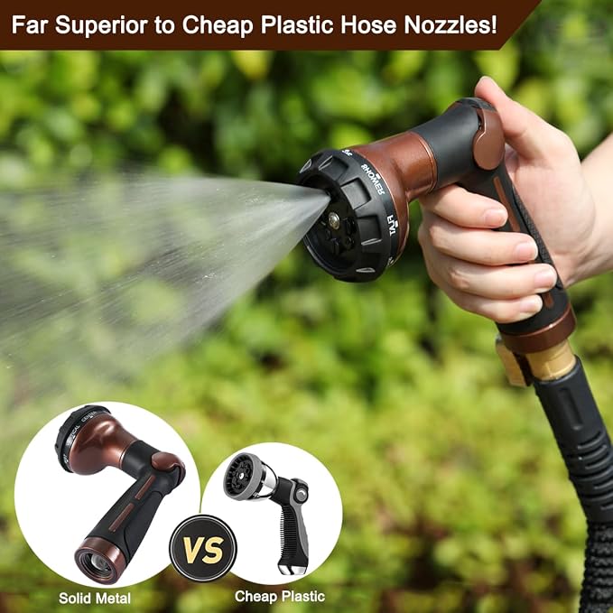 FANHAO Heavy Duty Garden Hose Nozzle, Metal Hose Sprayer Easy Thumb Control | 8 Spray Patterns, Rustproof Water Nozzle, Non-Slip Ergonomic Grip, Elder & Child Friendly for Garden, Car & Pet, Brown