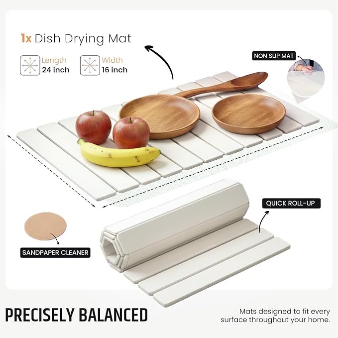 Stone Dish Drying Mat for Kitchen Counter - Fast-Absorbing Diatomite Drying Stone - Reusable Kitchen Drying Mat for Dishes, Cups & Utensils - Quick-Dry Stone Mat for Kitchen Sink and Countertop