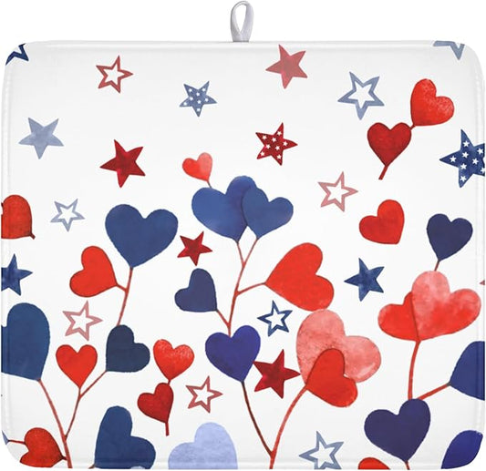 4th of July Dish Drying Mat for Kitchen Counter Patriotic Red Blue Star Love Heart Pattern Microfiber Dish Drainer Mat Independece Day Absorbent Washable Drying Pad 16"x18"