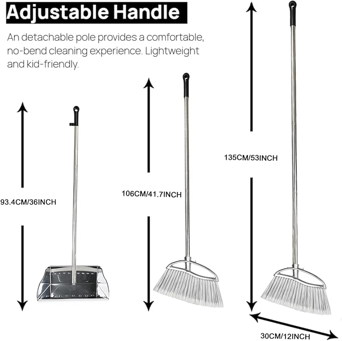Outdoor Broom and Dustpan Comb Set,Heavy Duty Stainless Steel Metal Dust Pan with Long Handle Commercial Stiff Bristles Broom for Home Garage Garden Patio