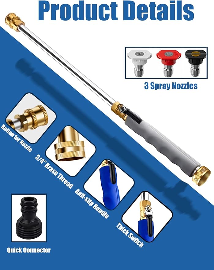 Jet Nozzle High Pressure Hose Nozzle, 18” Hydro Water Hose Nozzle | for Garden Hose with 3 Nozzles & Hose Quick Connectors, Power Washer Wand for Cleaning Patio, Car, Window, Grey