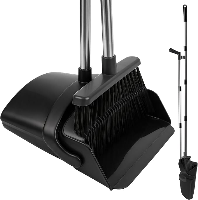 Broom and Dustpan Set with Long Handle, 51" Upright Broom & 39" Dustpan Combo, Pet Hair Rubber Lip Dustpan with Built-in Comb, Standing Dust Pan Set for Home Kitchen Office Indoor Use