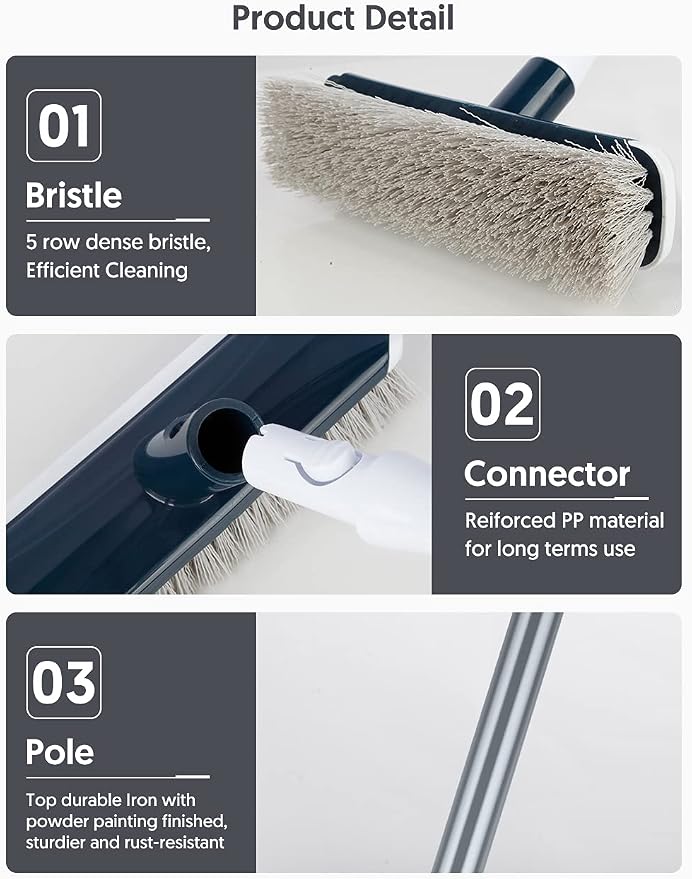 Floor Scrubber with Long Handle, 2 in 1 Scrubbing Brush Stiff Bristle Shower Cleaning Brush for Bathroom, Kitchen, Tub, Carpet, Grout, Tile(Gray)