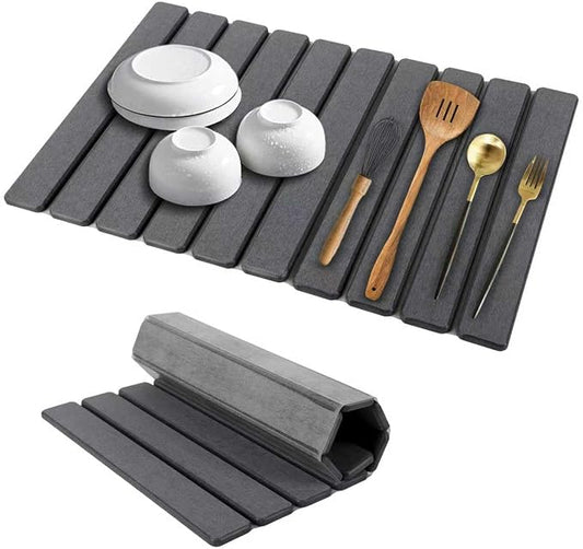 Stone Dish Drying Mat for Kitchen Counter, 24''×15'' Dishes Drying Matt Kitchen Counter, Absorbent Diatomaceous Earth Bath Quick Dry Mats for Tableware, Bottles and Cup(Dark Grey)