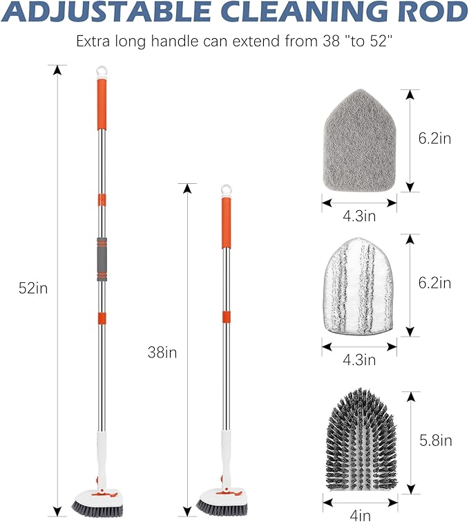 SetSail Tile Tub Scrubber Brush 3-in-1 Shower Scrubber with Long Handle | with 3 Detachable Replacement Brush Head, Multi-Angle Cleaning Locks at 45°, 90°, 180° for Bathroom Kitchen Walls Tub Tile