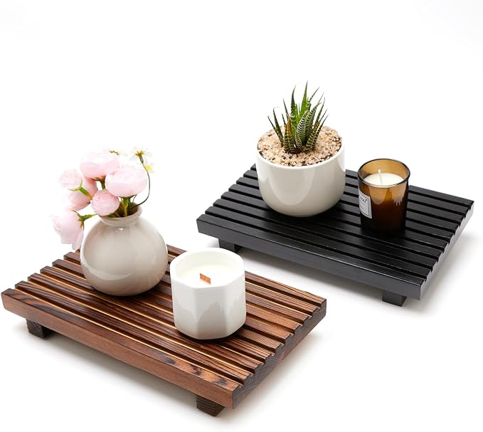 Decorative Wooden Tray for Bathroom Counter Kitchen Wood Riser Vanity Tray | Farmhouse Bathroom Sink Accessories Wood Display Pedestal Stand Countertop Tray Teak Bathtub Dish Soap Dispenser Holder