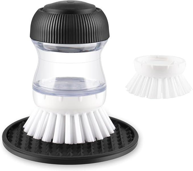 OYV Soap Dispensing Palm Brush, Dish Brush Set with Silicone Drip Tray and One Refill, Kitchen Dish Scrub Brush for Cleaning Pots, Pans, Sinks