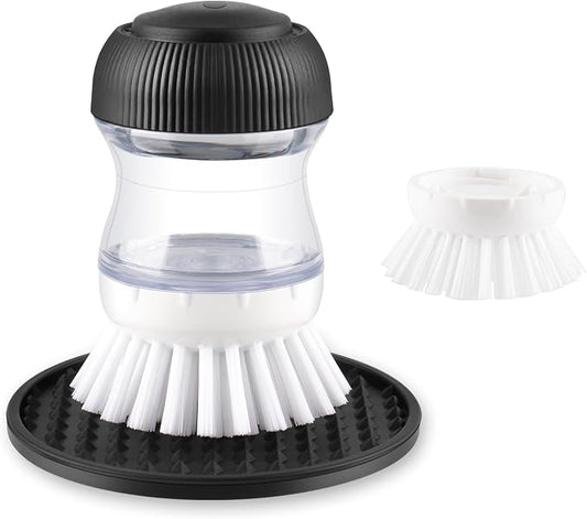 OYV Soap Dispensing Palm Brush, Dish Brush Set with Silicone Drip Tray and One Refill, Kitchen Dish Scrub Brush for Cleaning Pots, Pans, Sinks