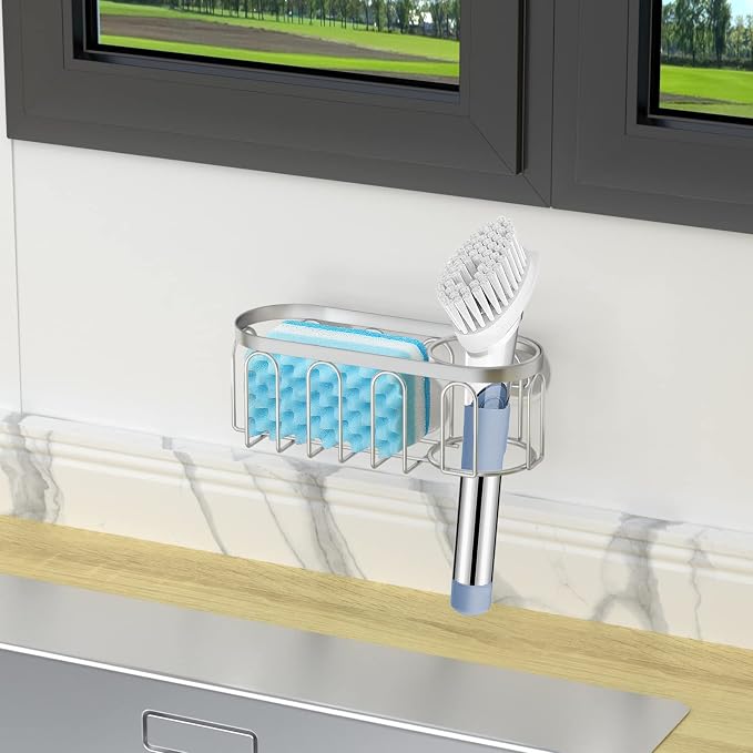 2-in-1 Sponge Holder for Kitchen Sink, Sink Caddy Kitchen Sink Organizer with 3 Suction Cups, No Drill Rustproof Sink Sponge Holder for Dish Brush, Soap & Sponge (Silver)