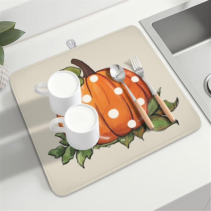 Fall Pumpkin Dish Drying Mat for Kitchen Counter 16 x 18 Inch Autumn Green Leaf Dish Drainer Mat Absorbent Microfiber Thanksgiving Harvest Dish Rack Pad for Coffee Dining Bar Decor