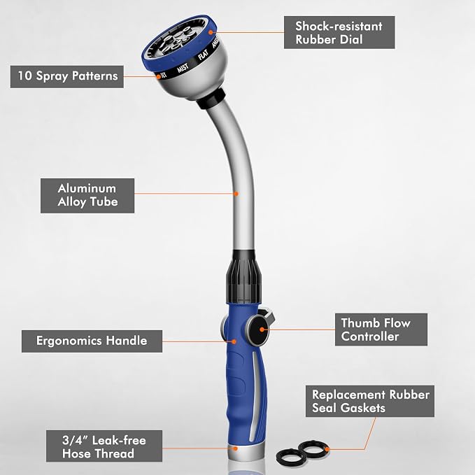 RESTMO Watering Wand Heavy Duty, 15-Inch Long Hose Nozzle Sprayer | 10 Spray Patterns & Thumb Flow Control, Metal Garden Hose Wand for Water Hanging Baskets and Shrubs, Blue