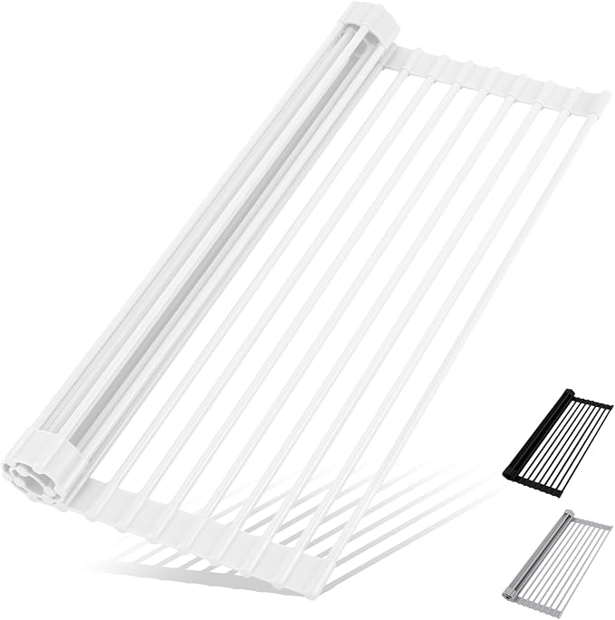HANZENMA Roll Up Dish Drying Rack Over The Sink Kitchen Roll Up Sink Drying Rack Multipurpose Foldable Sink Drying Mat, Heat-Resistant, Anti-Slip & Anti-Rust Dish Rack for Kitchen, 20.5" x 13", White