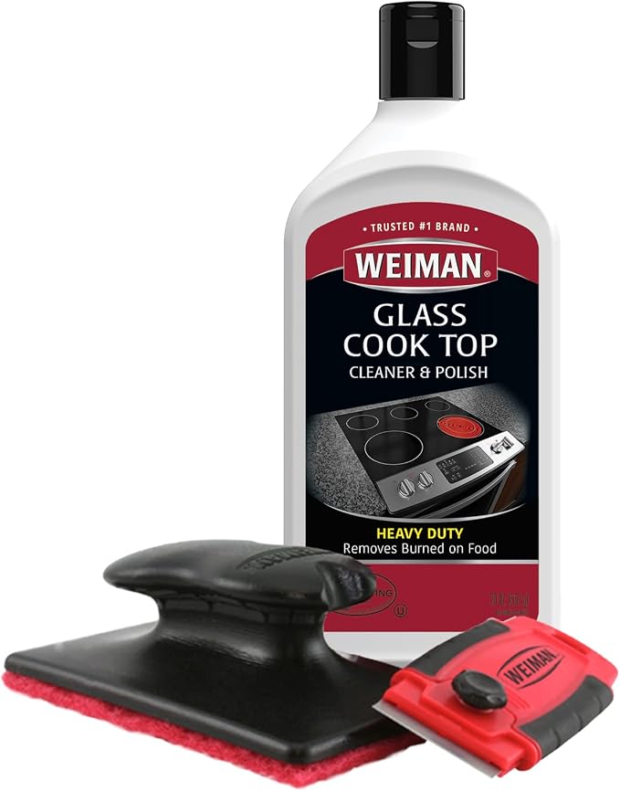Weiman Glass & Ceramic Cooktop, Stove Top & Oven Cleaner Kit – Kitchen Cleaner Cream, 3 Scrubbing Pads & Scraper for Burnt-On Food & Grease, Clean Shine - Safe for Induction, Electric & Gas Cooktops
