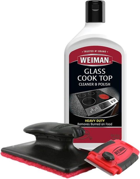 Weiman Glass & Ceramic Cooktop, Stove Top & Oven Cleaner Kit – Kitchen Cleaner Cream, 3 Scrubbing Pads & Scraper for Burnt-On Food & Grease, Clean Shine - Safe for Induction, Electric & Gas Cooktops