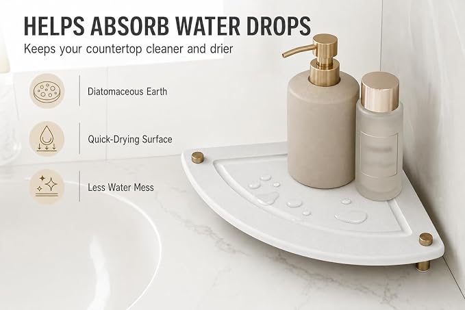 Corner Counter Shelf, Water Absorbing Stone Drying Tray Mat for Kitchen & Bathroom Sink, Diatomaceous Gold Faucet Coaster Soap Dish Rack Riser Dispenser Sponge Holder, White, 8.5" x 8.5"