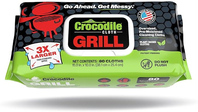 Crocodile Cloth Grill - 80 (15" x 10") Plant-based Cleaning Wipes. Safe on Skin & Multiple Surfaces. Infused with Aloe & Vitamin E. Large, Pre-Moistened & Absorbent.