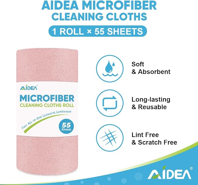 AIDEA Microfiber Cleaning Cloth Roll 165 Sheets 3 Roll,Paper Towels 11 x 9 | Tear Away Microfiber Towels, Reusable Paper Towels, Washable Shop Rags, Shop Towels, Cleaning Rags for Car, Home, Workshop
