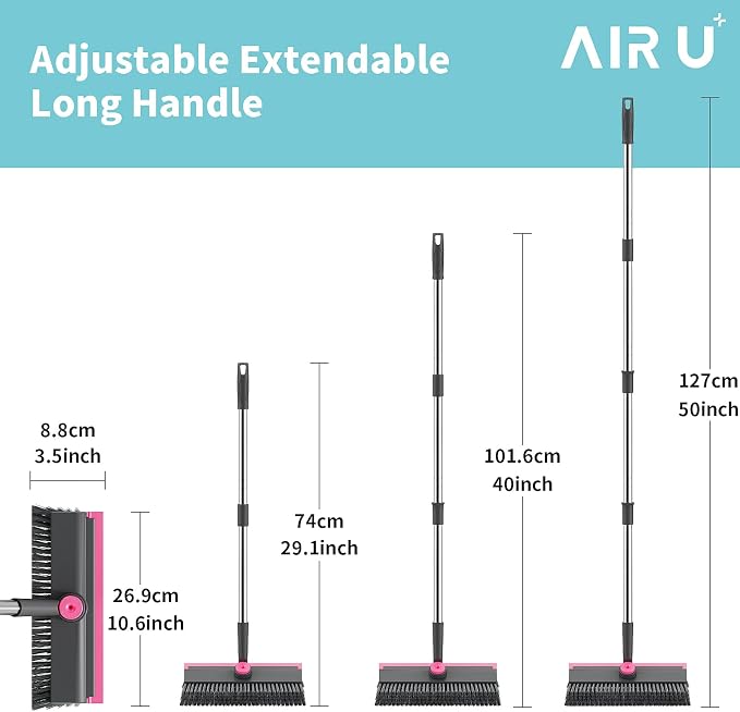 AIR U+ Floor Scrub Brush with Long Handle, 3-in-1 Rotating Head & Squeegee | Stiff Dual-Sided Bristles for Shower, Bathroom, Kitchen and Patio, 30–50 In Handle for Easier Stand-Up Cleaning, Gray & Pink