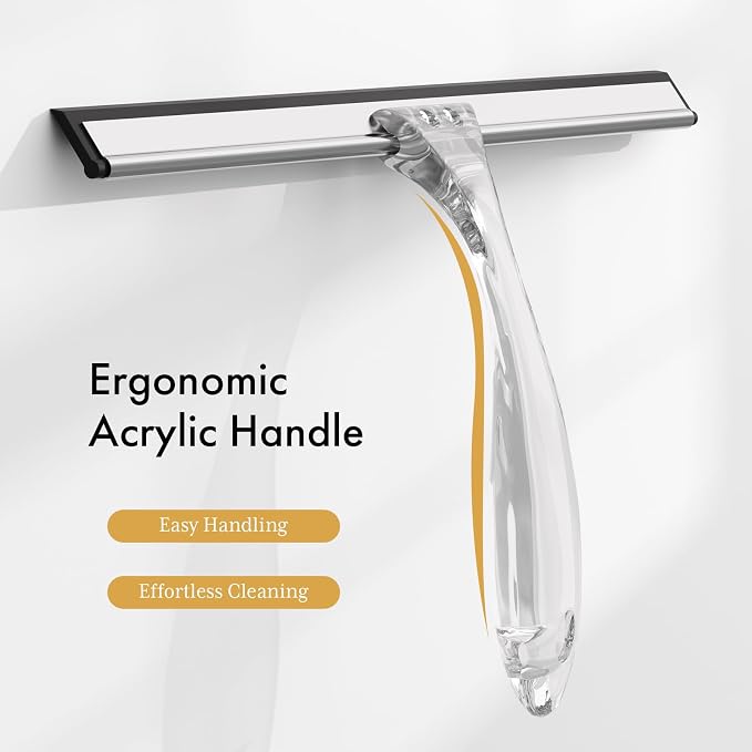 AmazerBath Shower Squeegee for Glass Doors, All-Purpose Squeegee with Suction Hook & Adhesive Hook, Clear Squeegee for Shower Glass, Windows, Mirrors, Tiles and Car Windows - 12 Inches, Clear