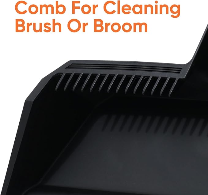 Superio Wide Plastic Dustpan with Comb - 16" Wide, Rubber Lip, Broom Handle Clip, Black