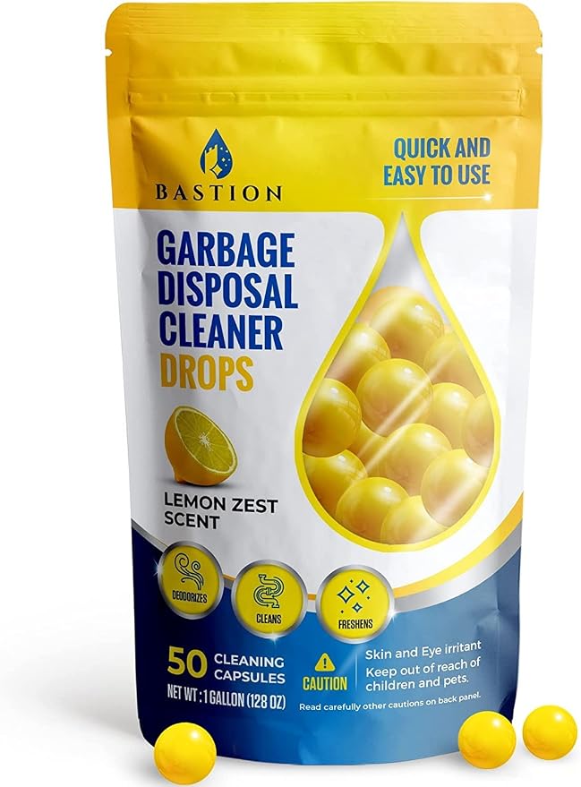 Bastion Garbage Disposal Cleaner Deodorizer Bundle - 24 Pack Disposer Tablets + 50 Count Lemon Zest Disposal Cleaning Drops