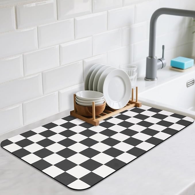 CooRug Checkered Dish Drying Mat, 16" x 24", Black | Absorbent, Leak-Proof, Non-Slip, Heat Resistant, For Kitchen Counter & Coffee Bar, Eco-friendly Materials, Easy to Clean