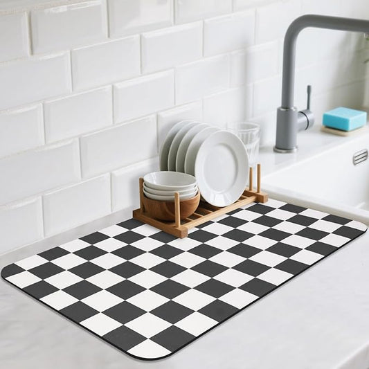 CooRug Checkered Dish Drying Mat, 16" x 24", Black | Absorbent, Leak-Proof, Non-Slip, Heat Resistant, For Kitchen Counter & Coffee Bar, Eco-friendly Materials, Easy to Clean