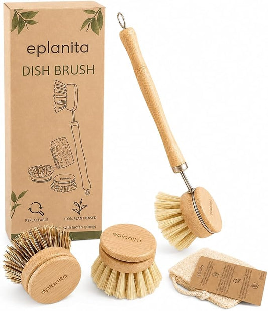 eplanita Natural Dish Brush, 3 Replacement Heads, Kitchen Eco Bamboo Scrubber Brushes, Extra Plant Sponge, Plastic Free Washing Up, Zero Waste Cleaning