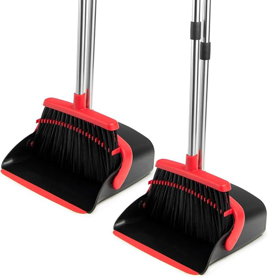 2-Pack Broom and Dustpan Combo Set,51" Long Handle,Black Red | Standing Dustpan, Heavy Dust,House Accessories for Home, Kitchen, Office, Pet Hair