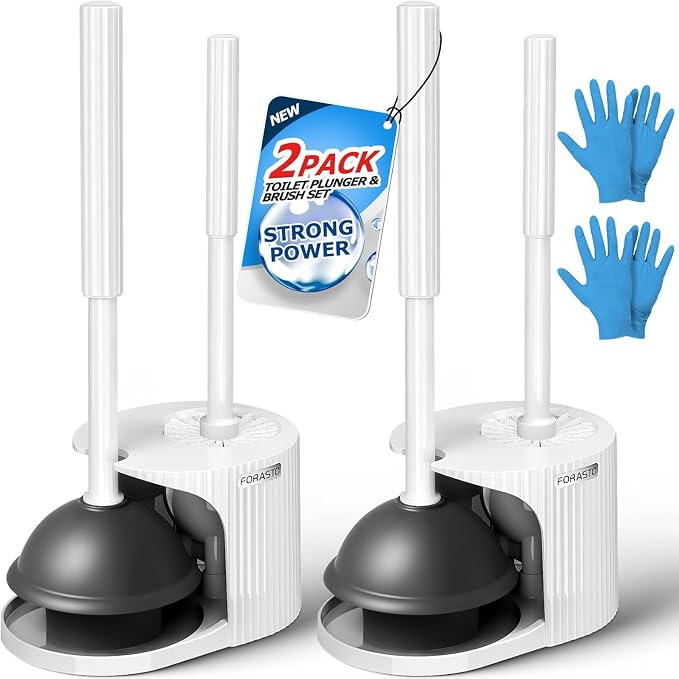 FORASTO 2Pack 2 in 1 Toilet Brush and Plunger Set,Clean Gloves, Extended Handle Plunger，Toilet Bowl Brush Plunger Set,Bathroom Cleaning Tools,Toilet Brush Plunger Combo,Cleaning Brush(Cream White) | 21" Extended, Cleaning Gloves, Heavy Duty Rubber Toil...