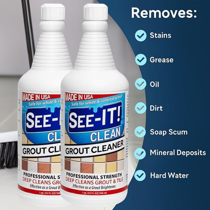 SEE-IT! Grout & Tile Deep Cleaner Brightener & Heavy-Duty Stain Remover Acid-Free Safe for Ceramic, Porcelain, Marble, Stone - Two 32 fl. oz. Bottles with Floor Cleaning Brush