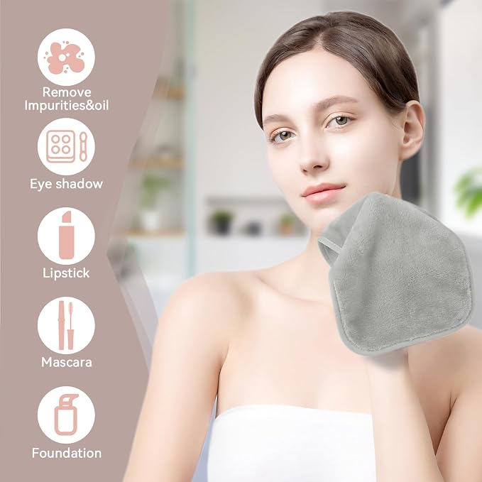 Nugilla Makeup Remover Cloths, 8 Packs Makeup Remover Towels Reusable Face Wash Cloth, Soft Microfiber Face Cloth for Women(Light Grey)