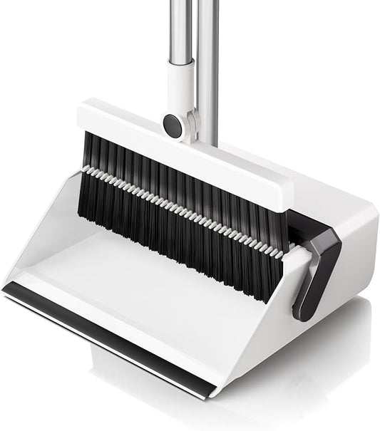 Broom with Dustpan Combo Set,UOEOS One-Sweep Clean,Pet Hair Removal Broom with Self-Cleaning Double-Layer Teeth,High Density Broom and Windproof Dustpan for Indoor&Outdoor