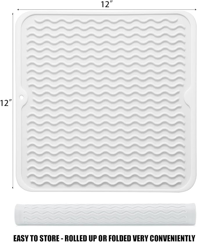 Silicone Dish Drying Mat for Multiple Usage, Easy clean, Eco-friendly, Heat-resistant Dish Drainer Mat for Kitchen Counter,Sink,Refrigerator or Drawer liner (12" x 12", White)